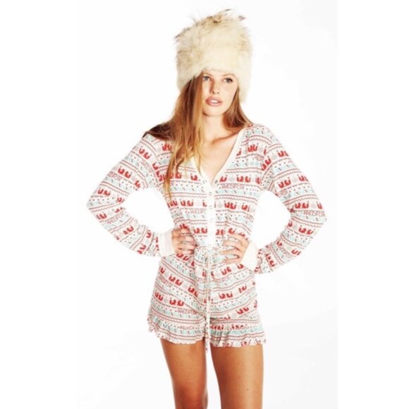 Wildfox Long Sleeve Snap-Button Front Waist-Tie Ruffled Shorts Romper Playsuit L - Picture 16 of 16